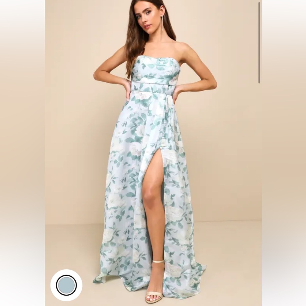 Exceptional Sight Light Blue Floral Lace-Up Strapless Maxi Dress Size Small
